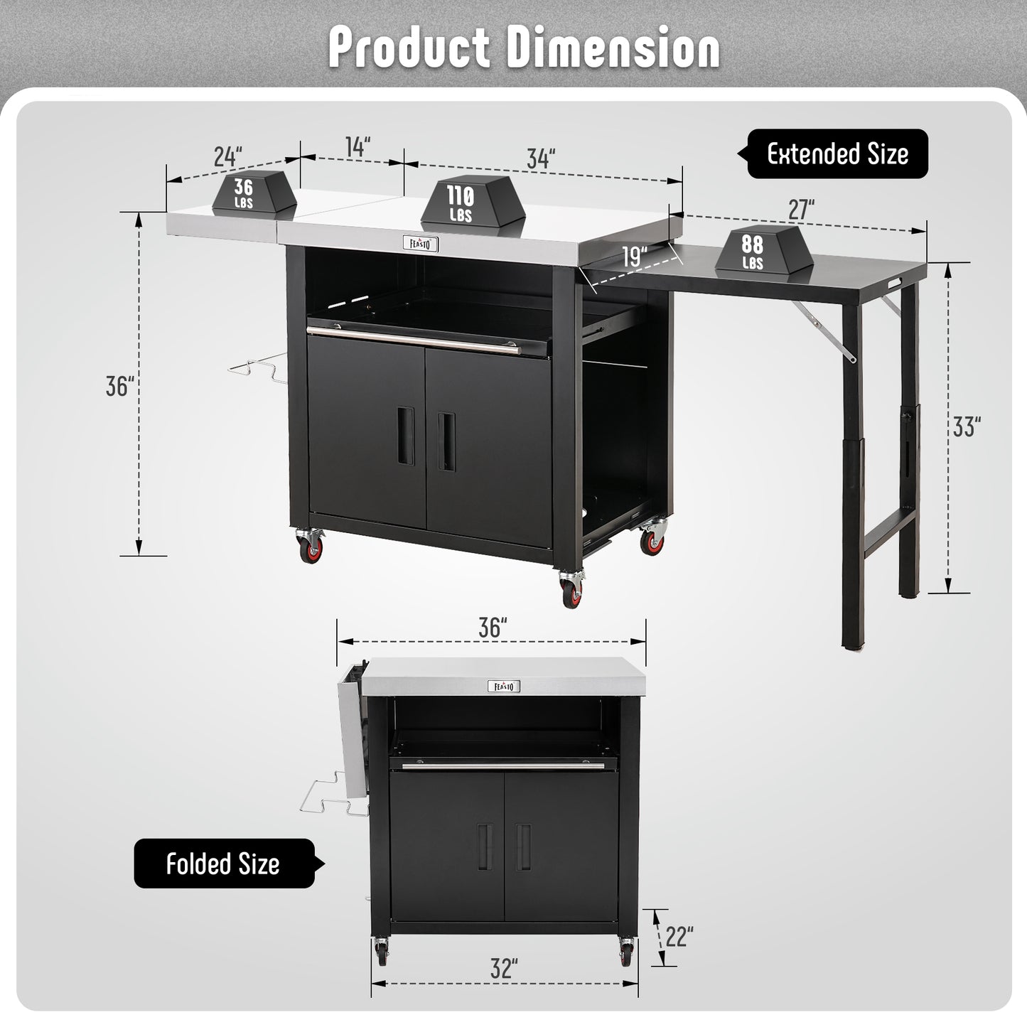 Feasto Grill Table, Outdoor Kitchen Island With 2 Foldable Side Tables, Stainless Steel Top For Outdoor Kitchen Cabinets, Bar Cart, Movable Grill Cart With Pull-Out Plate, L74”x W24”