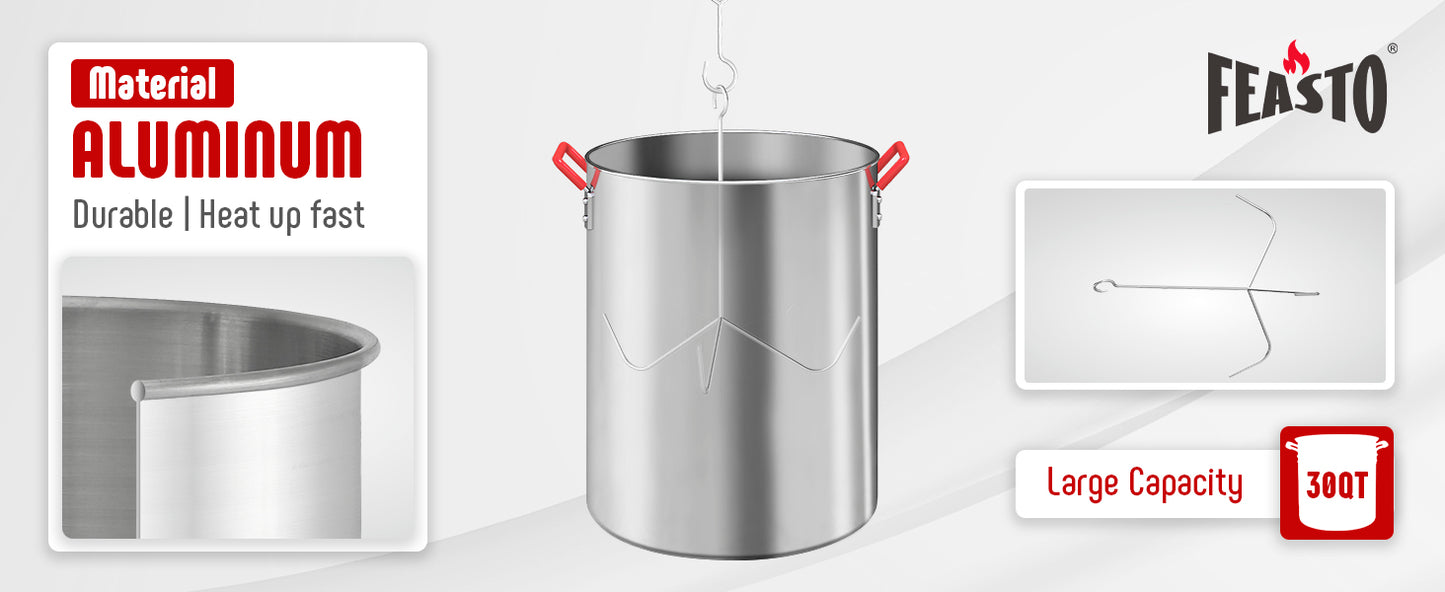 FEASTO 30Qt Aluminum Turkey Fryer Pot with Stockpot Basket & 50,000BTU Propane Gas Burner, Outdoor Deep Fryer & Seafood Boil Pot-Outdoor Cooker for Crawfish, Crab, Shrimp and Frying