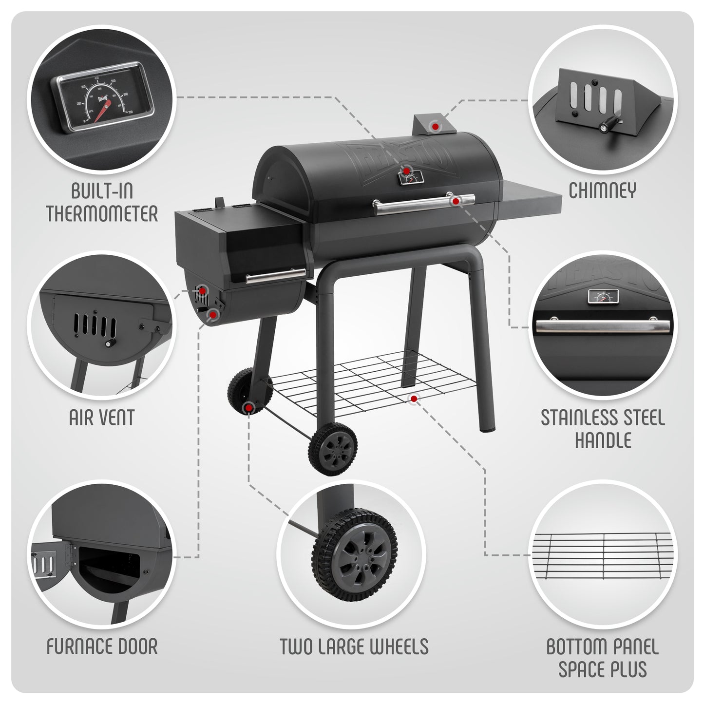 Feasto BBQ Charcoal Grill with Offset Smoker Grill and Side Table, 30-In Heavy-Duty Outdoor BBQ Grill with 815 Sq. In. Cooking Space for Outdoor Barbecue in Backyard, Patio and Parties, Black by Feasto