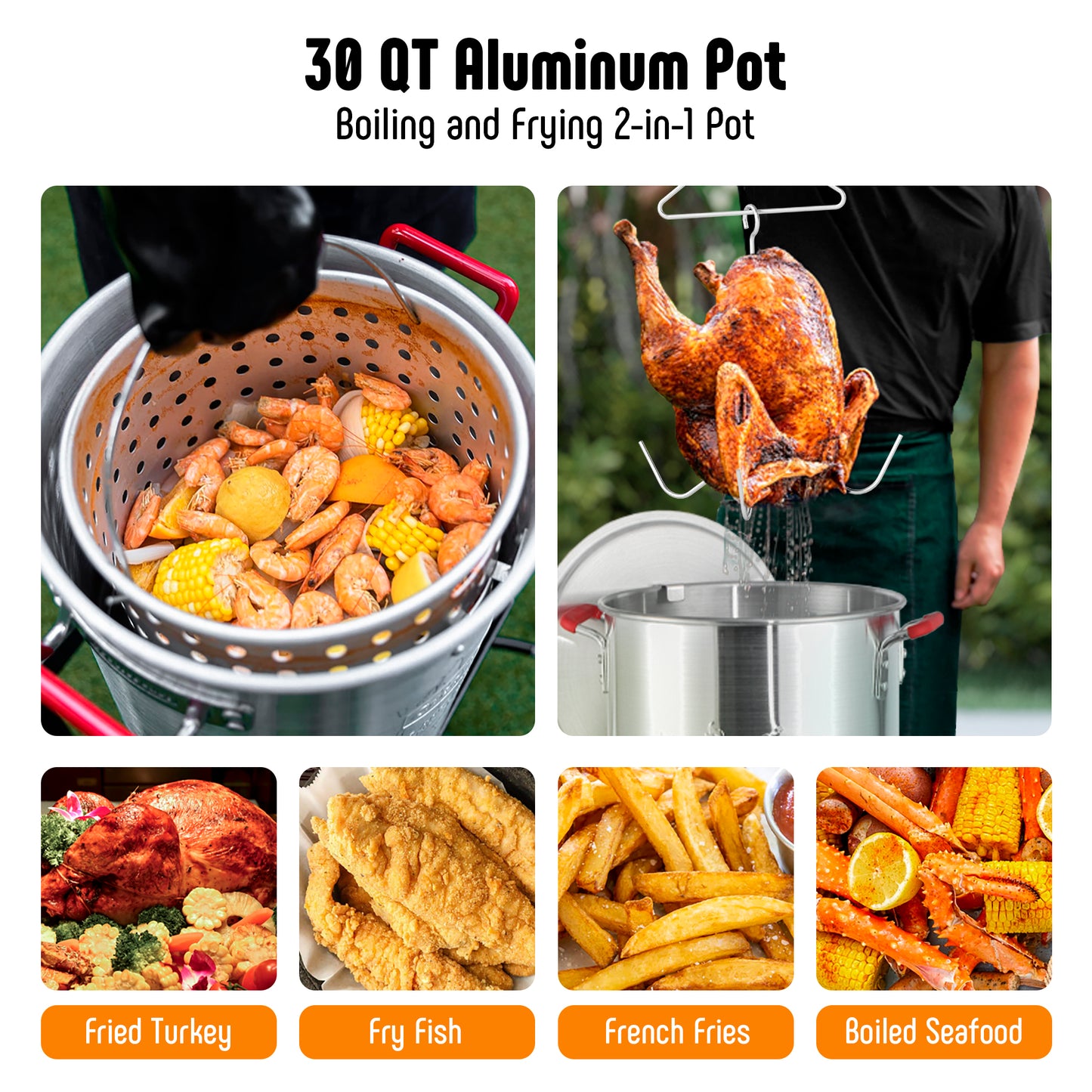 FEASTO 30Qt Aluminum Turkey Fryer Pot with Stockpot Basket & 50,000BTU Propane Gas Burner, Outdoor Deep Fryer & Seafood Boil Pot-Outdoor Cooker for Crawfish, Crab, Shrimp and Frying
