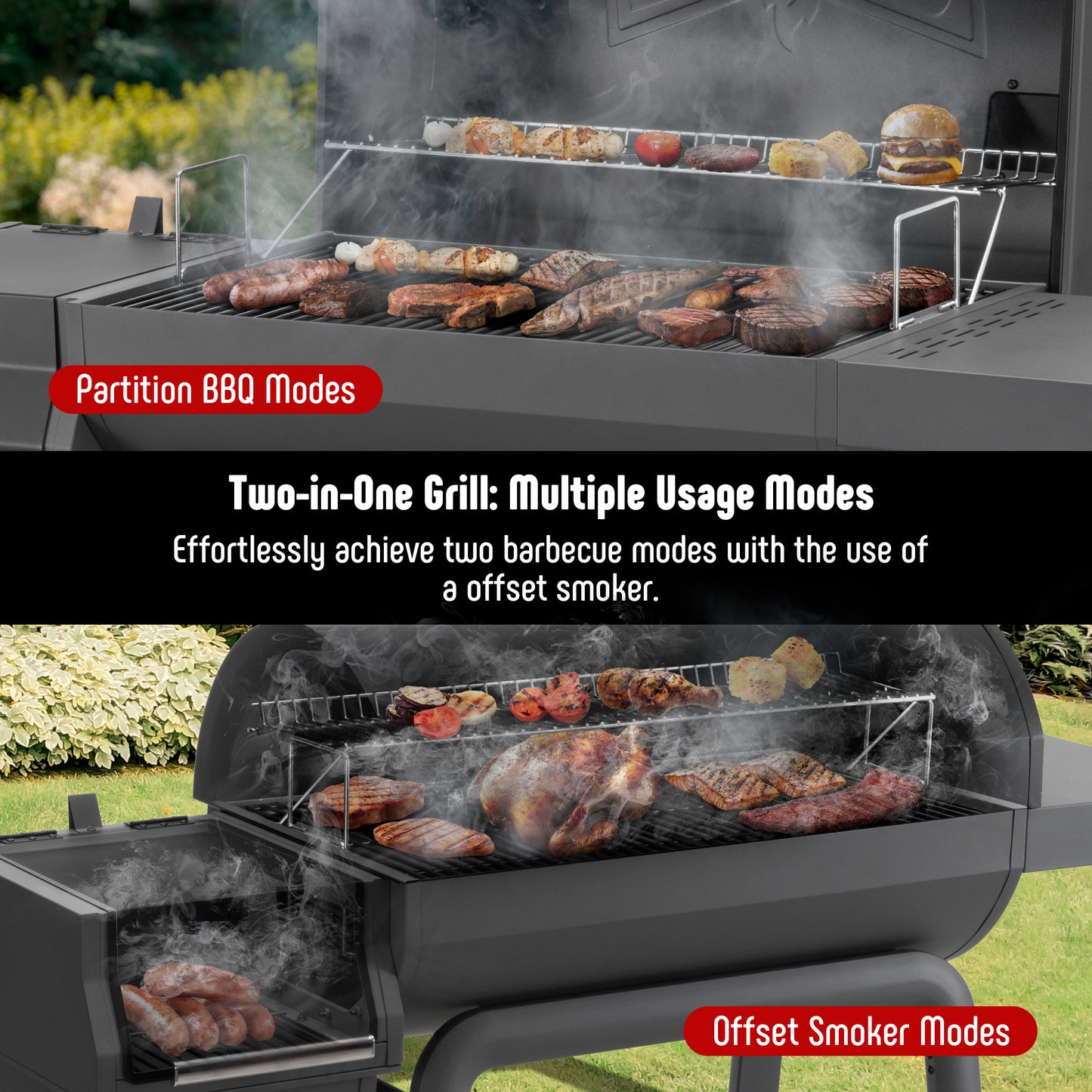 Feasto BBQ Charcoal Grill with Offset Smoker Grill and Side Table, 30-In Heavy-Duty Outdoor BBQ Grill with 815 Sq. In. Cooking Space for Outdoor Barbecue in Backyard, Patio and Parties, Black by Feasto