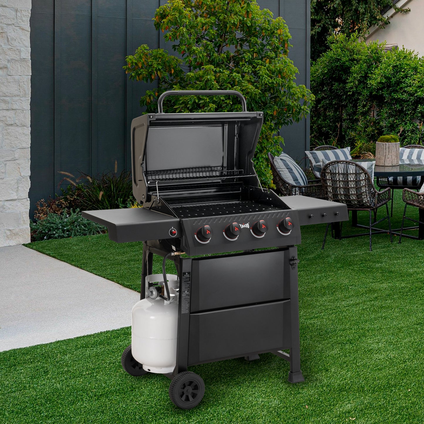 4-Burner Propane Gas Grill with 2 Side Tables and Porcelain-Enameled Grates for Patio Garden Barbecue,36000 BTU Outdoor Grill for Outdoor Cooking, Black