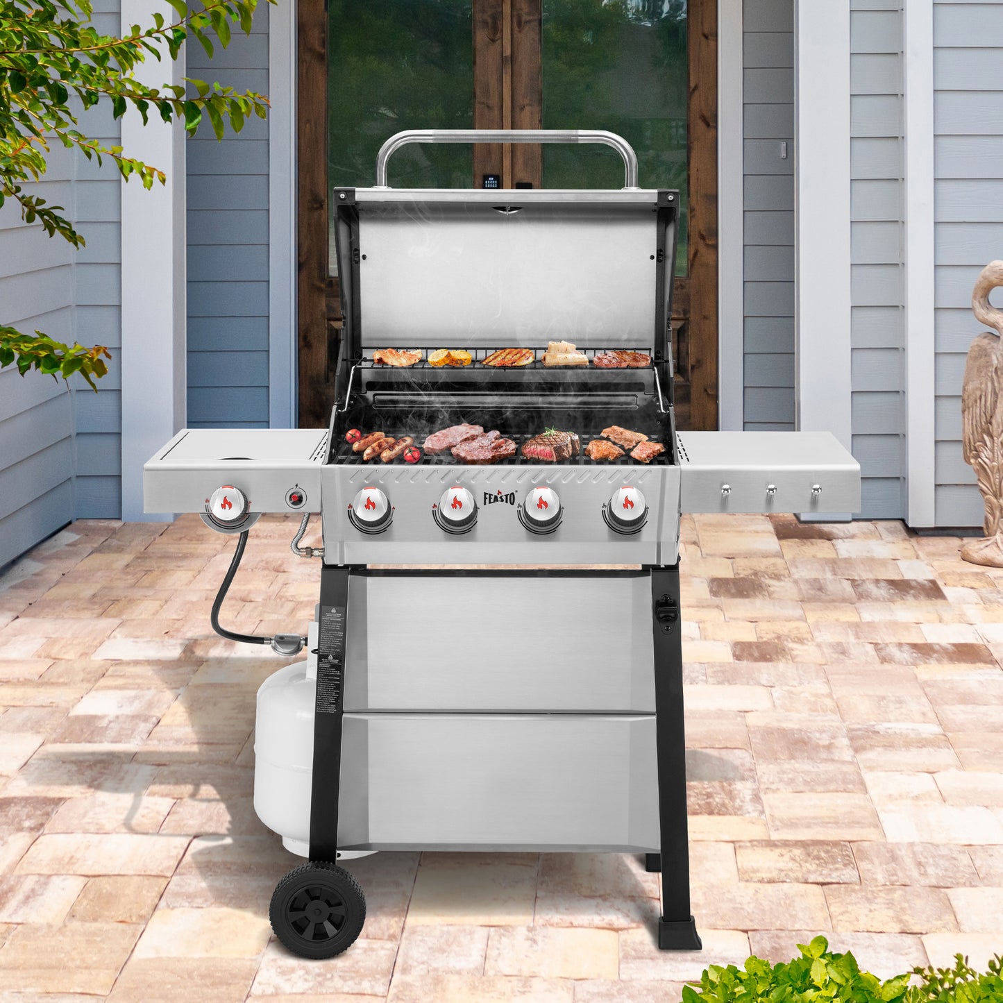 Feasto 4-Burner Propane Gas Grill with Side Burner and Porcelain-Enamel Cast Iron Grates, Silver(Add to cart and enjoy an additional 5% discount)
