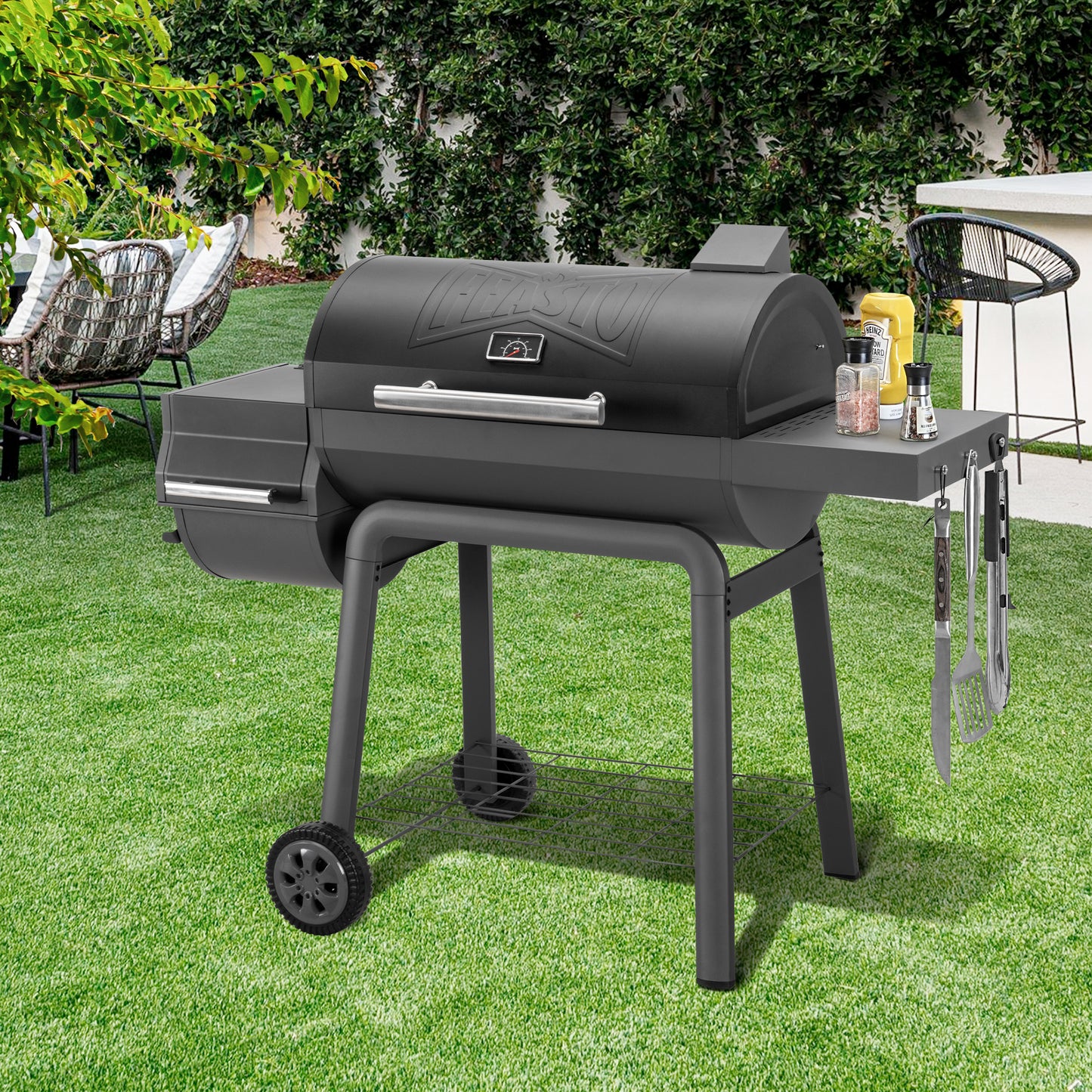 Feasto BBQ Charcoal Grill with Offset Smoker Grill and Side Table, 30-In Heavy-Duty Outdoor BBQ Grill with 815 Sq. In. Cooking Space for Outdoor Barbecue in Backyard, Patio and Parties, Black by Feasto