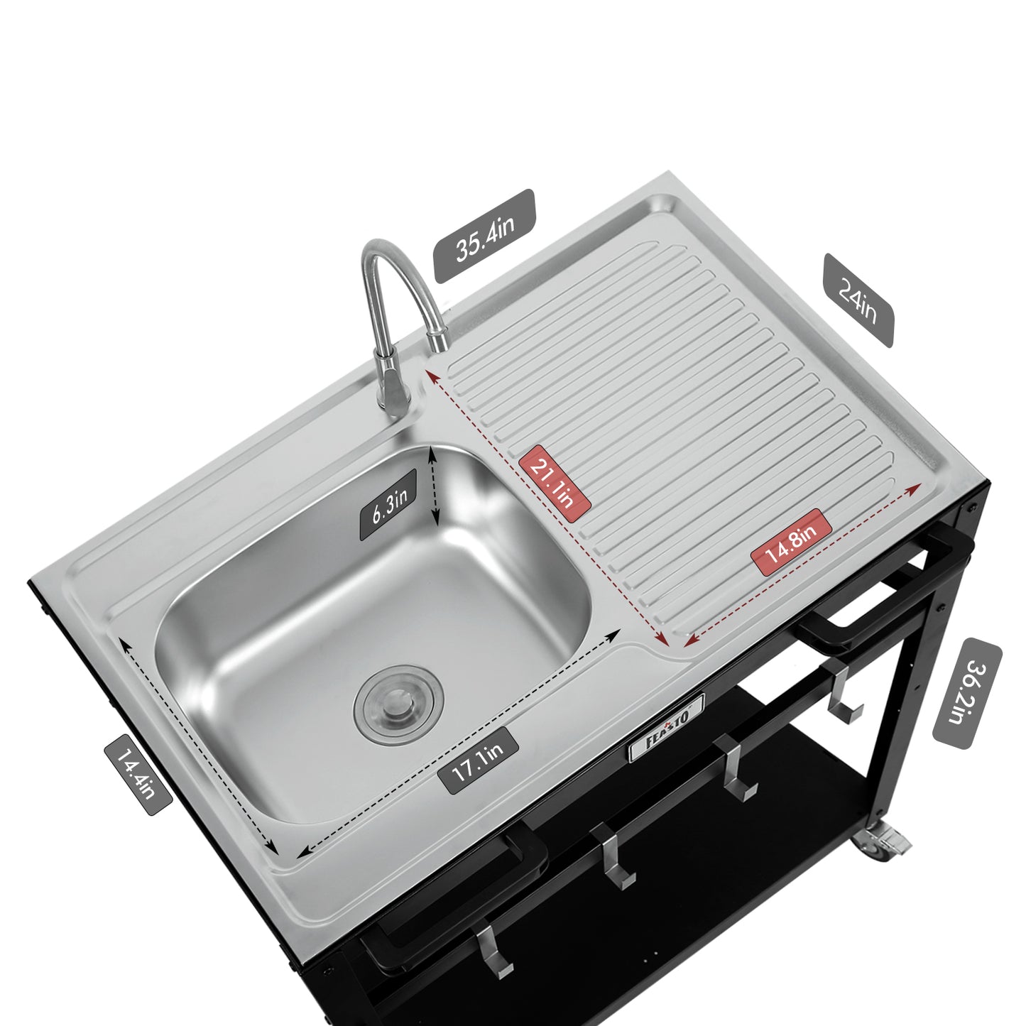 FEASTO Modular Outdoor Kitchen Sink Station Free Standing Table with Sink 304 Stainless-Steel Single Bowl Faucet & Drainboard Movable Commercial Kitchen