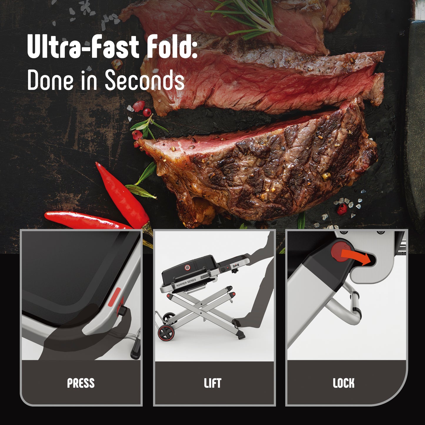 FEASTO Portable Propane Gas Grill with Folding Cart & 13000 BTU Burner, 360 SQ.IN. Cast Iron Cooking Grates, Side table, 8’’ Wheels, Stainless Grease Tray for Outdoor BBQ, Camping & Tailgating, Grey