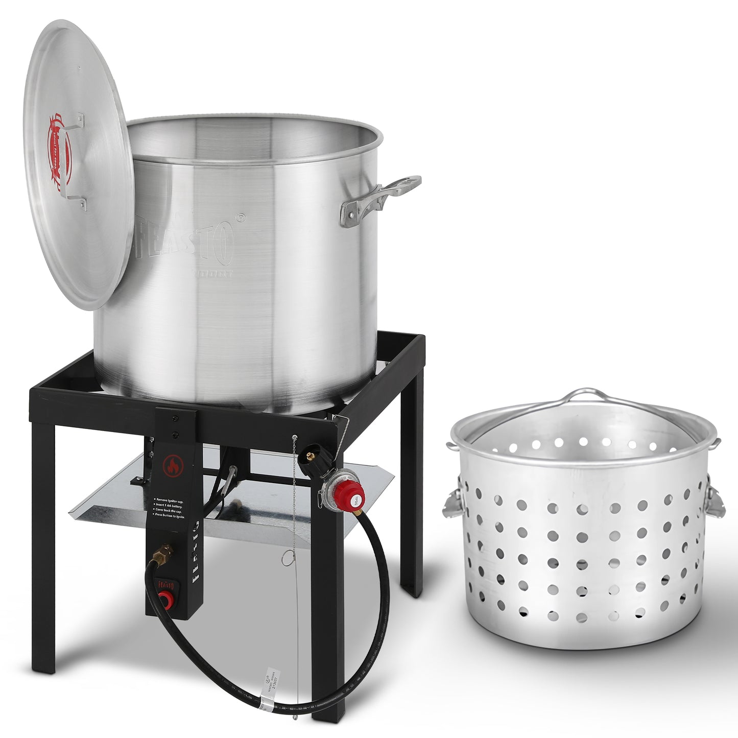 FEASTO 60QT Aluminum Boil Kit with Basket Perfect for Seafood Boiling and Steaming Outdoor Propane Gas Cooker with Adjustable 0-10 PSI Regulator Non-Assembly Frame Stand