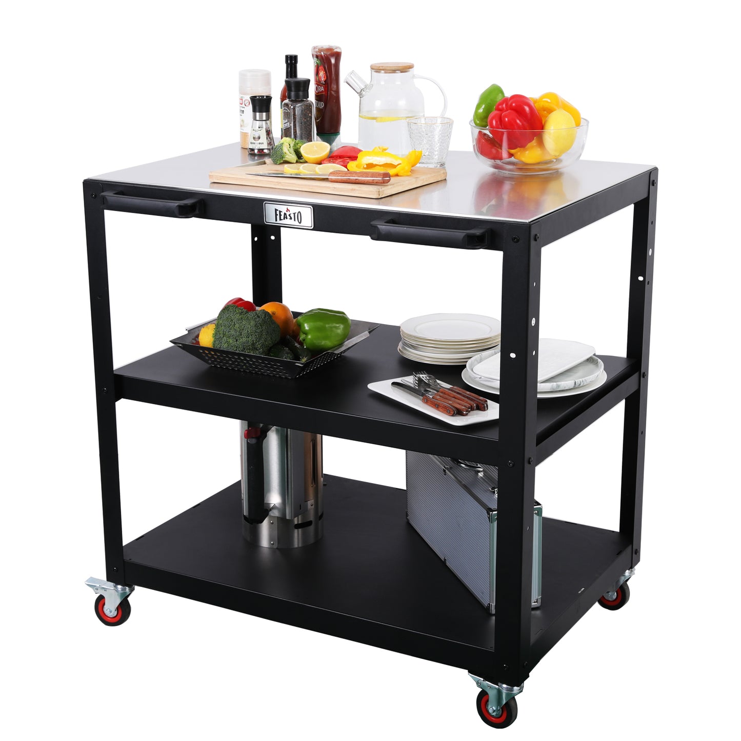 Feasto 3-Shelf Outdoor Steel Table Cart 35.4” x 24” Stainless Steel Table Top Movable Commercial Food Prep Pizza Prep Worktable Outdoor Kitchen Island