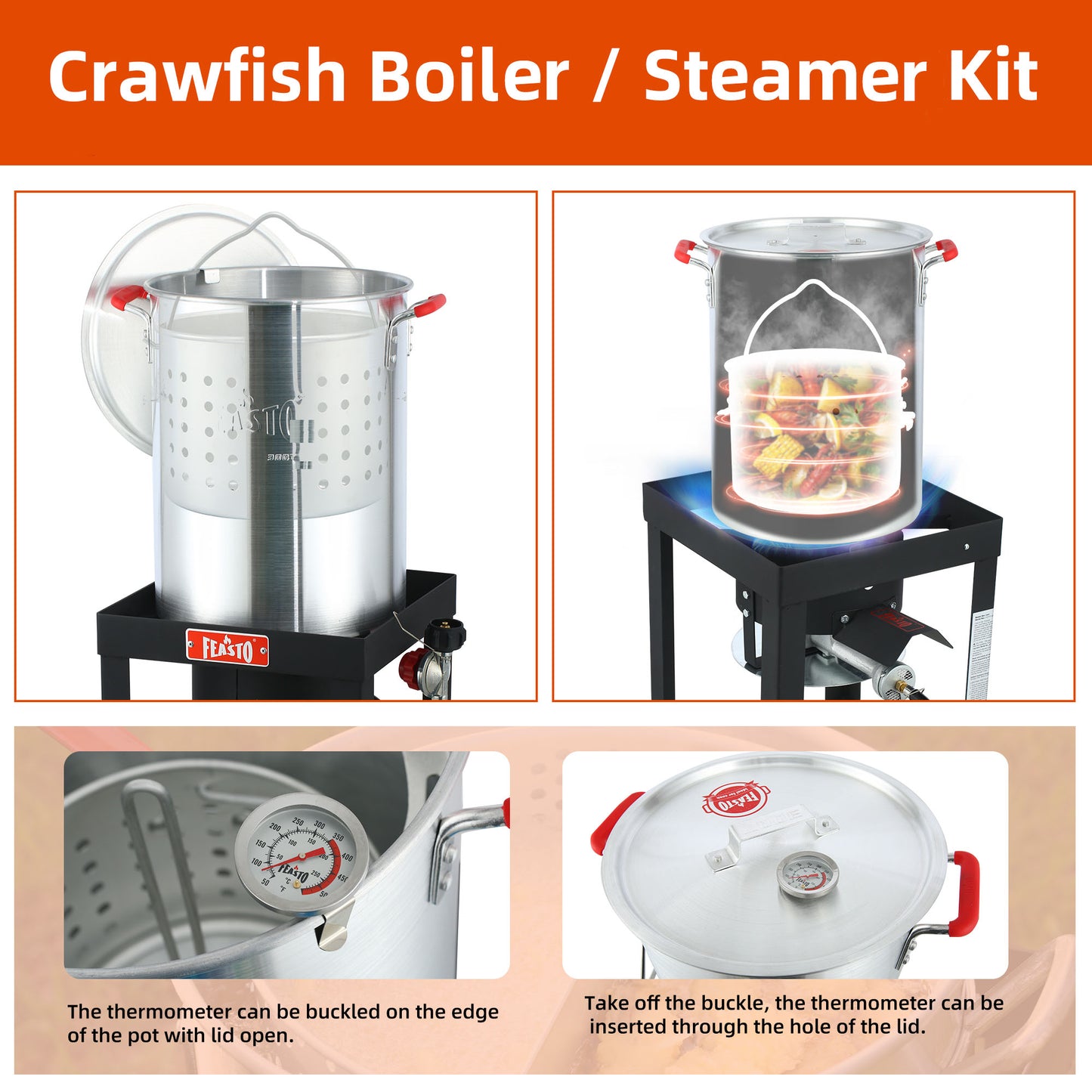 Feasto 22701A 30QT Aluminum Turkey Fryer & Fish Fryer Set Seafood Boiler Pot 50000 BTU Propane Burner for Outdoor Cooking