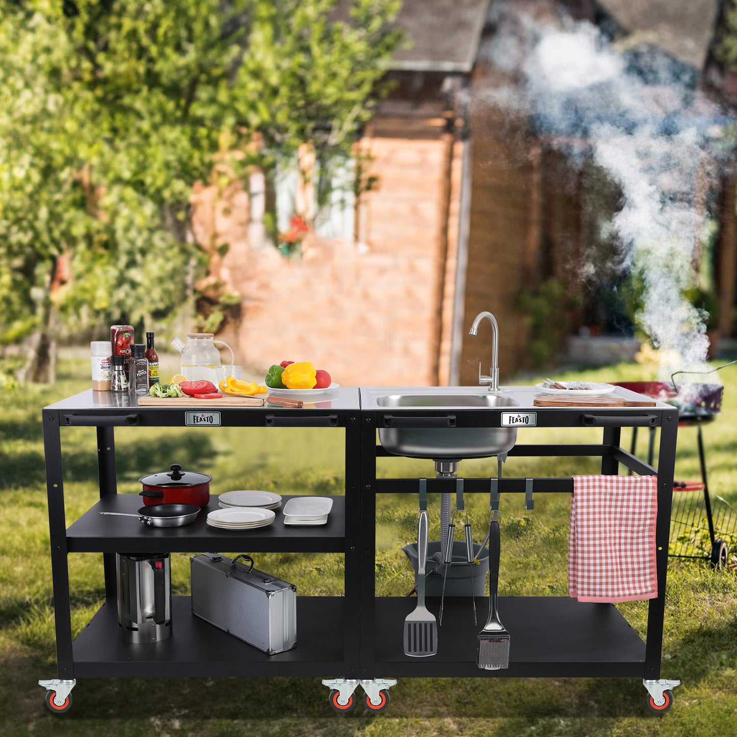 Feasto 3-Shelf Outdoor Steel Table Cart 35.4” x 24” Stainless Steel Table Top Movable Commercial Food Prep Pizza Prep Worktable Outdoor Kitchen Island