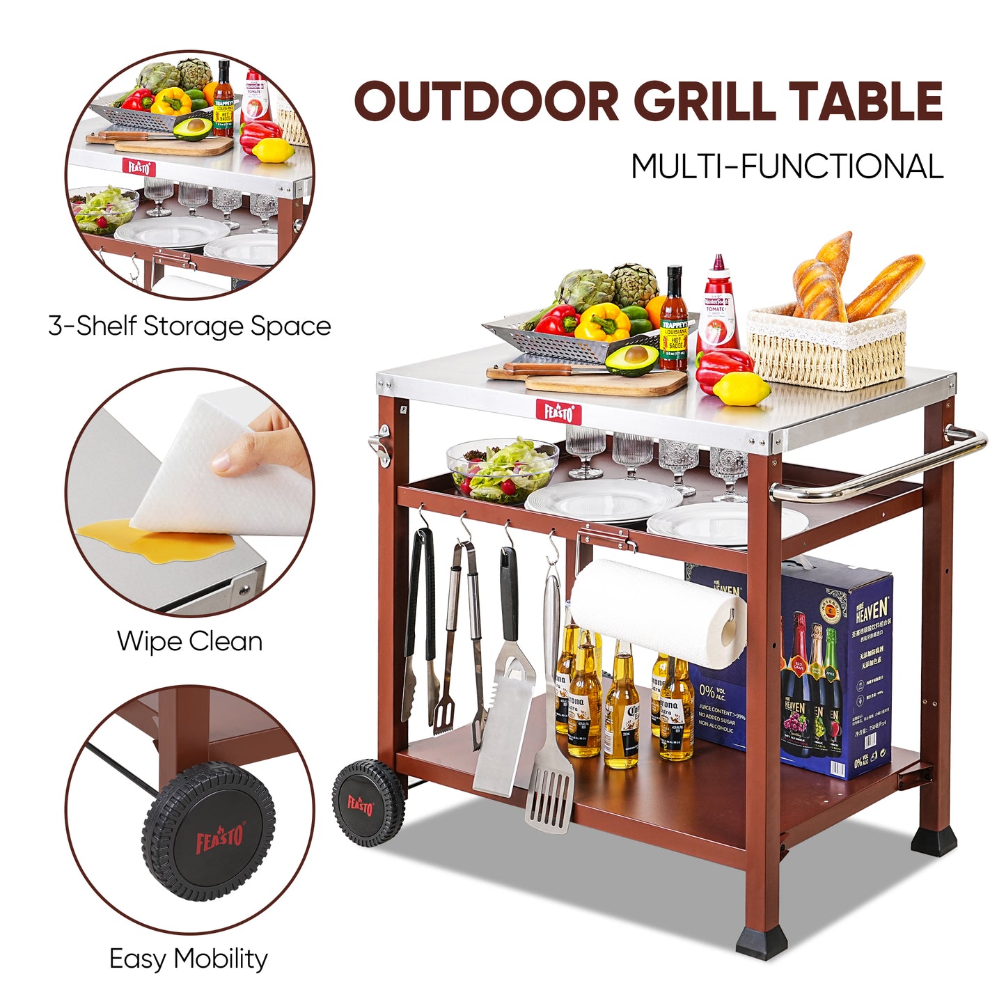 FEASTO Three-Shelf Movable Food Prep and Work Cart Table Home and Outdoor Multifunctional Stainless Steel Table Top Worktable on Two Wheels L39.5’’x W25.6’’x H33’’
