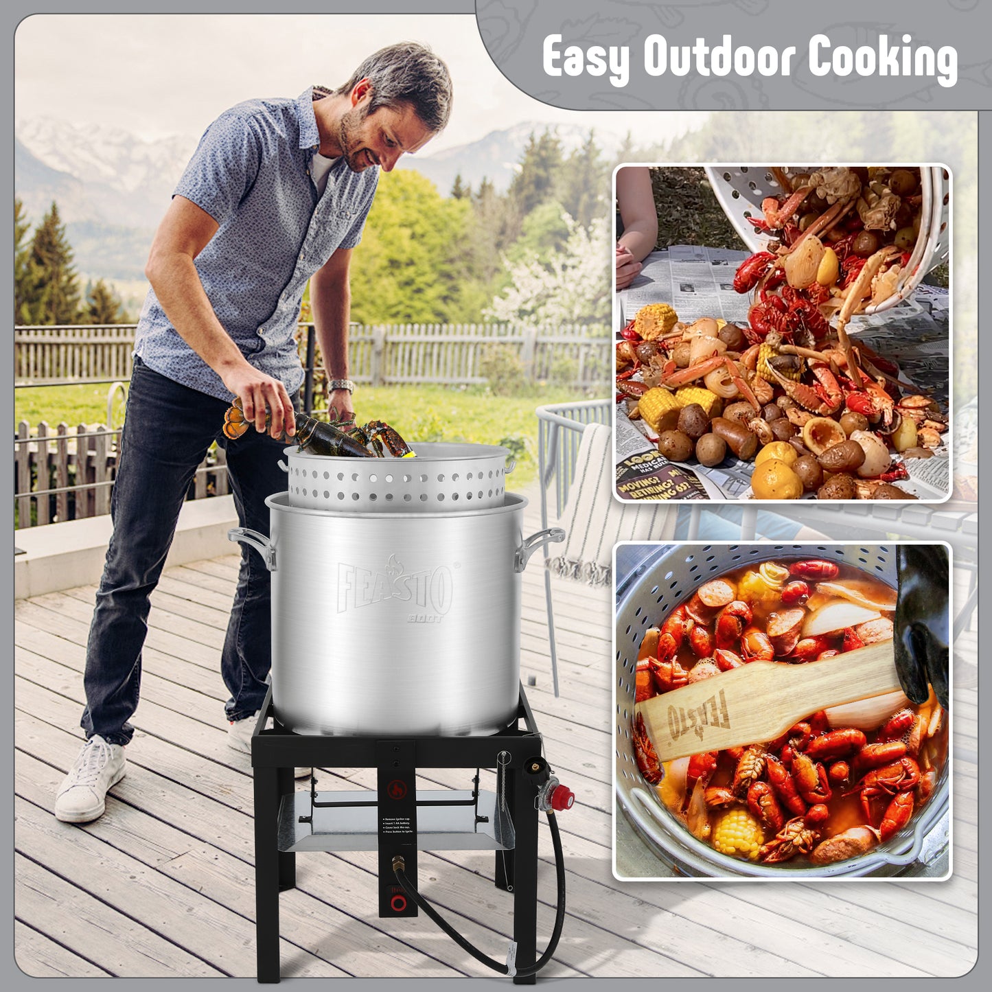 FEASTO 60QT Aluminum Boil Kit with Basket Perfect for Seafood Boiling and Steaming Outdoor Propane Gas Cooker with Adjustable 0-10 PSI Regulator Non-Assembly Frame Stand
