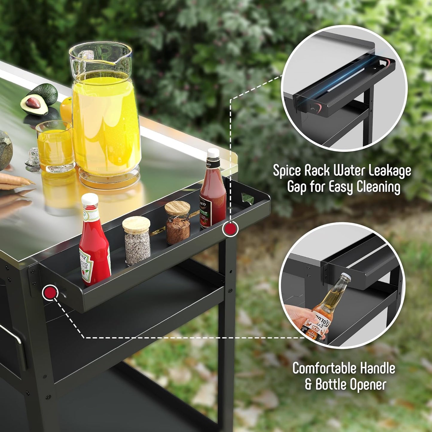 FEASTO 31.5"x18" Outdoor Grill Cart with Stainless Steel Tabletop, Movable Grill Table with Seasoning Rack & Magnetic Tools Holder, Backyard BBQ Kitchen Food Prep Table for Portable Grill & Pizza Oven