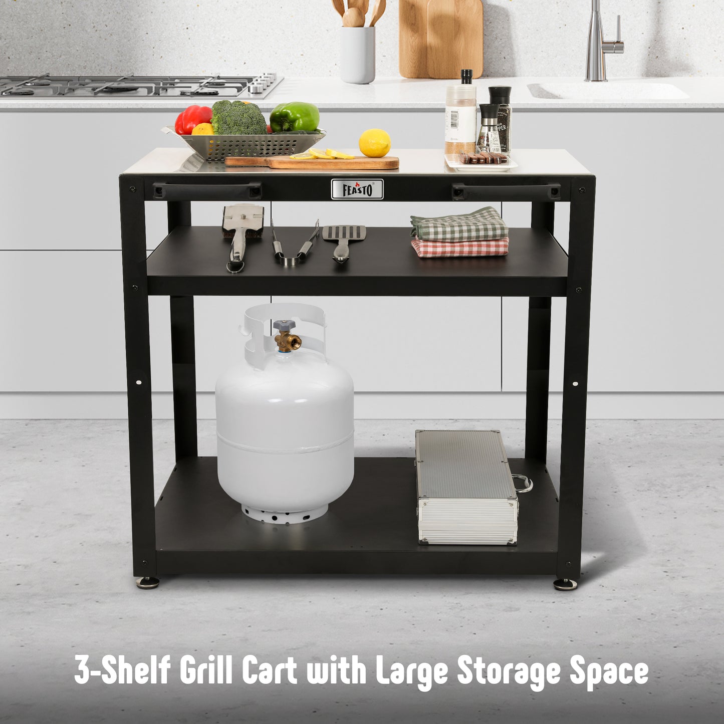 Feasto 3-Shelf Outdoor Steel Table Cart 35.4” x 24” Stainless Steel Table Top Movable Commercial Food Prep Pizza Prep Worktable Outdoor Kitchen Island