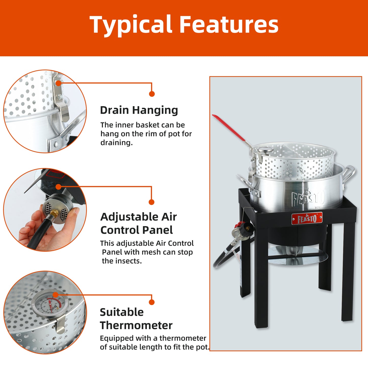 FEASTO 10 QT Fish Fryer Kit with 10 Qt Aluminum Pots Outdoor Propane Gas Cooker with Adjustable 0-10 PSI Regulator Non-Assembly Frame Stand