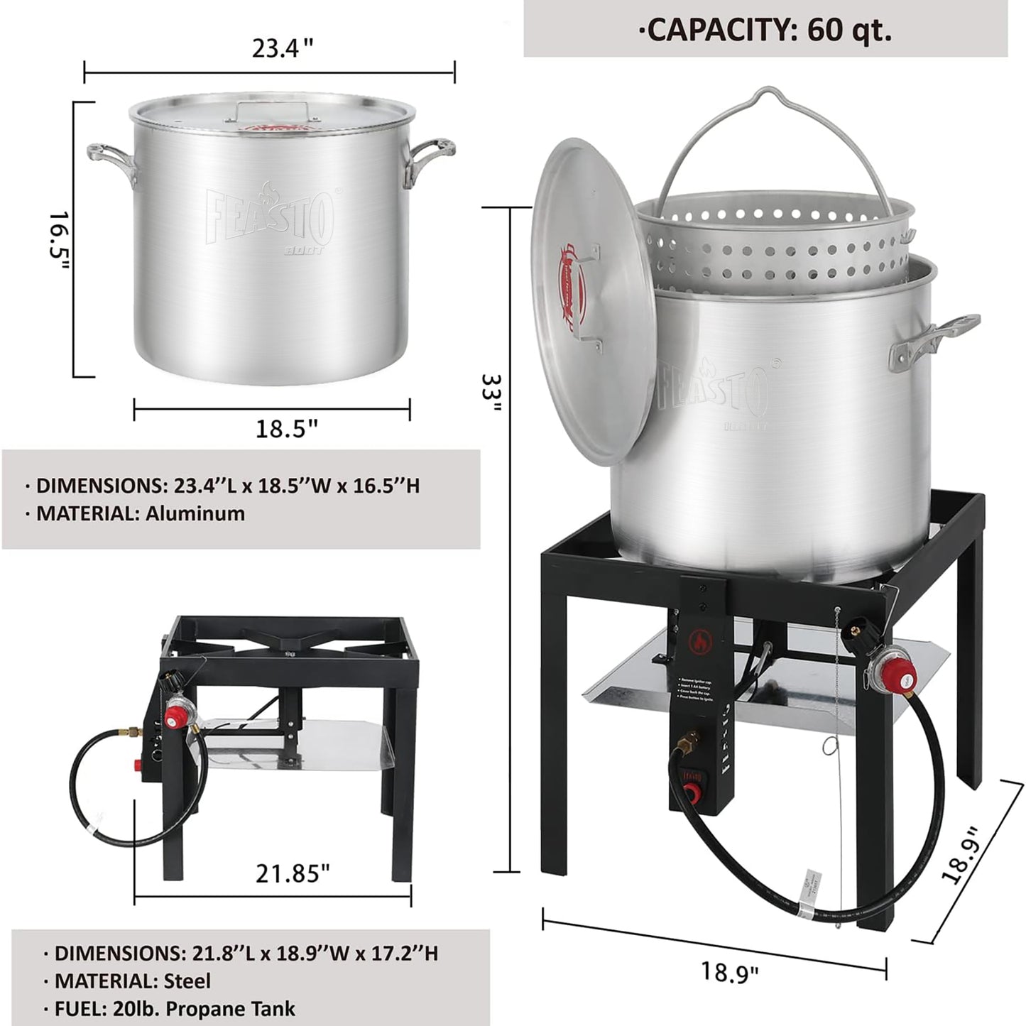 FEASTO 60QT Aluminum Boil Kit with Basket Perfect for Seafood Boiling and Steaming Outdoor Propane Gas Cooker with Adjustable 0-10 PSI Regulator Non-Assembly Frame Stand