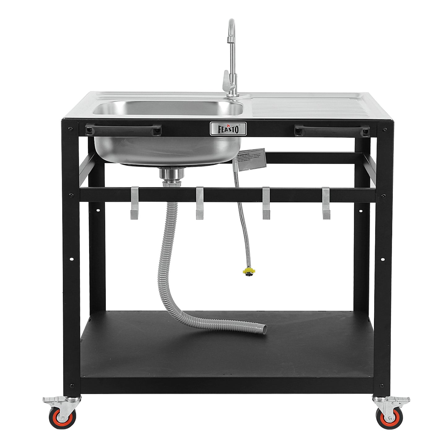 FEASTO Modular Outdoor Kitchen Sink Station Free Standing Table with Sink 304 Stainless-Steel Single Bowl Faucet & Drainboard Movable Commercial Kitchen