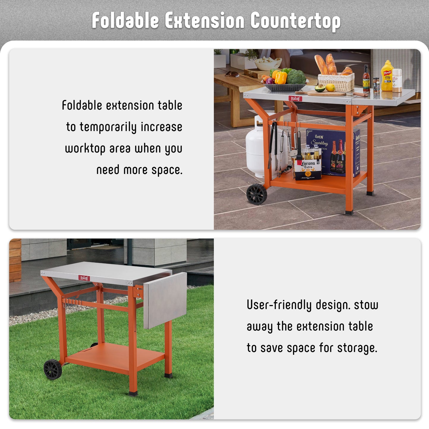 40’’x20’’ Outdoor Grill Cart, Movable Pizza Oven Table with Foldable Extension Table&Wheels