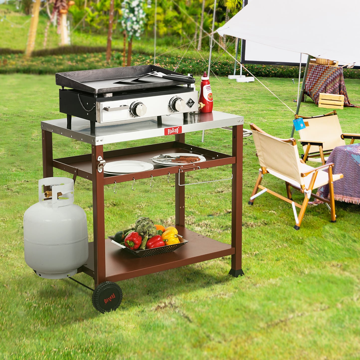 FEASTO Three-Shelf Movable Food Prep and Work Cart Table Home and Outdoor Multifunctional Stainless Steel Table Top Worktable on Two Wheels L39.5’’x W25.6’’x H33’’