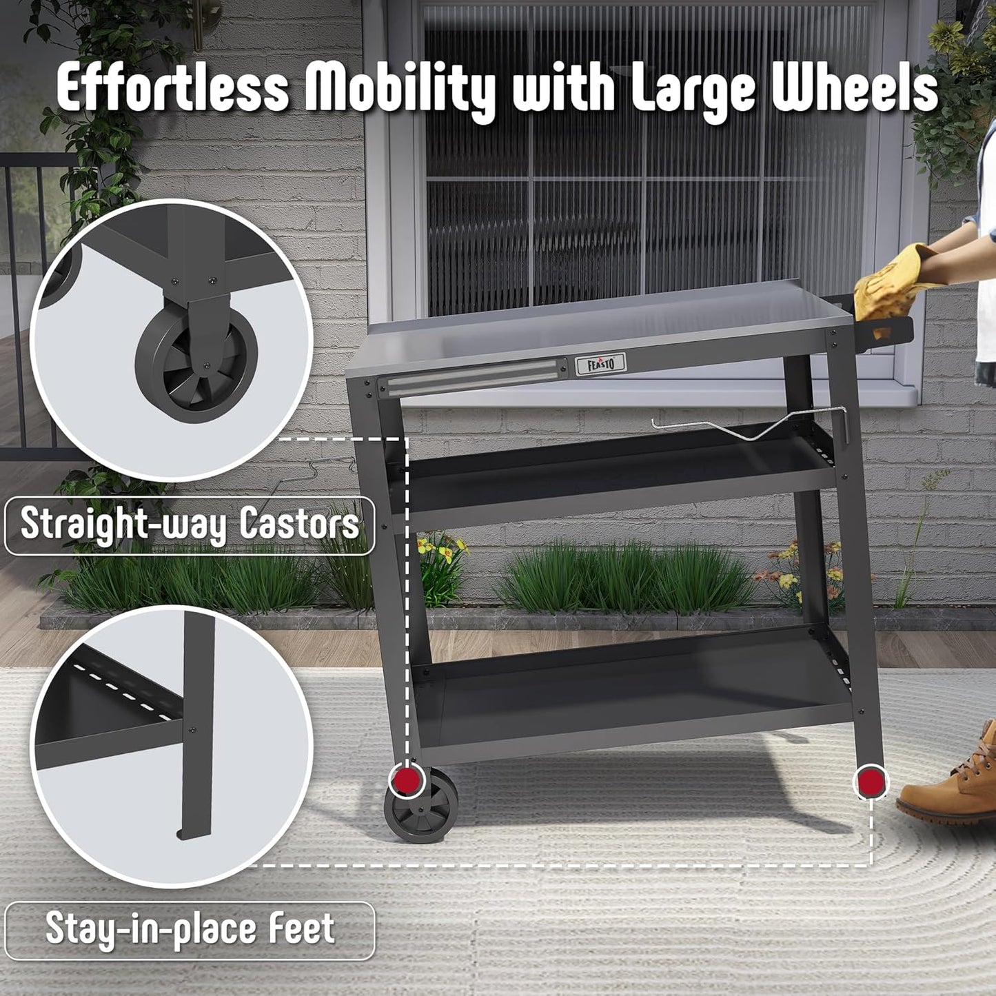 FEASTO 31.5"x18" Outdoor Grill Cart with Stainless Steel Tabletop, Movable Grill Table with Seasoning Rack & Magnetic Tools Holder, Backyard BBQ Kitchen Food Prep Table for Portable Grill & Pizza Oven