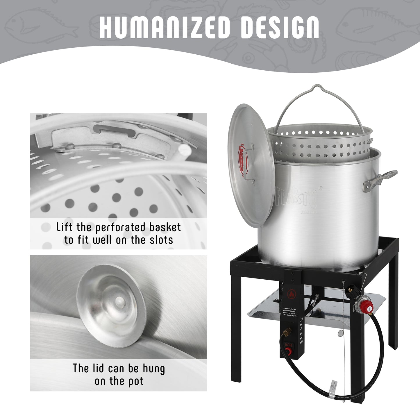 FEASTO 60QT Aluminum Boil Kit with Basket Perfect for Seafood Boiling and Steaming Outdoor Propane Gas Cooker with Adjustable 0-10 PSI Regulator Non-Assembly Frame Stand