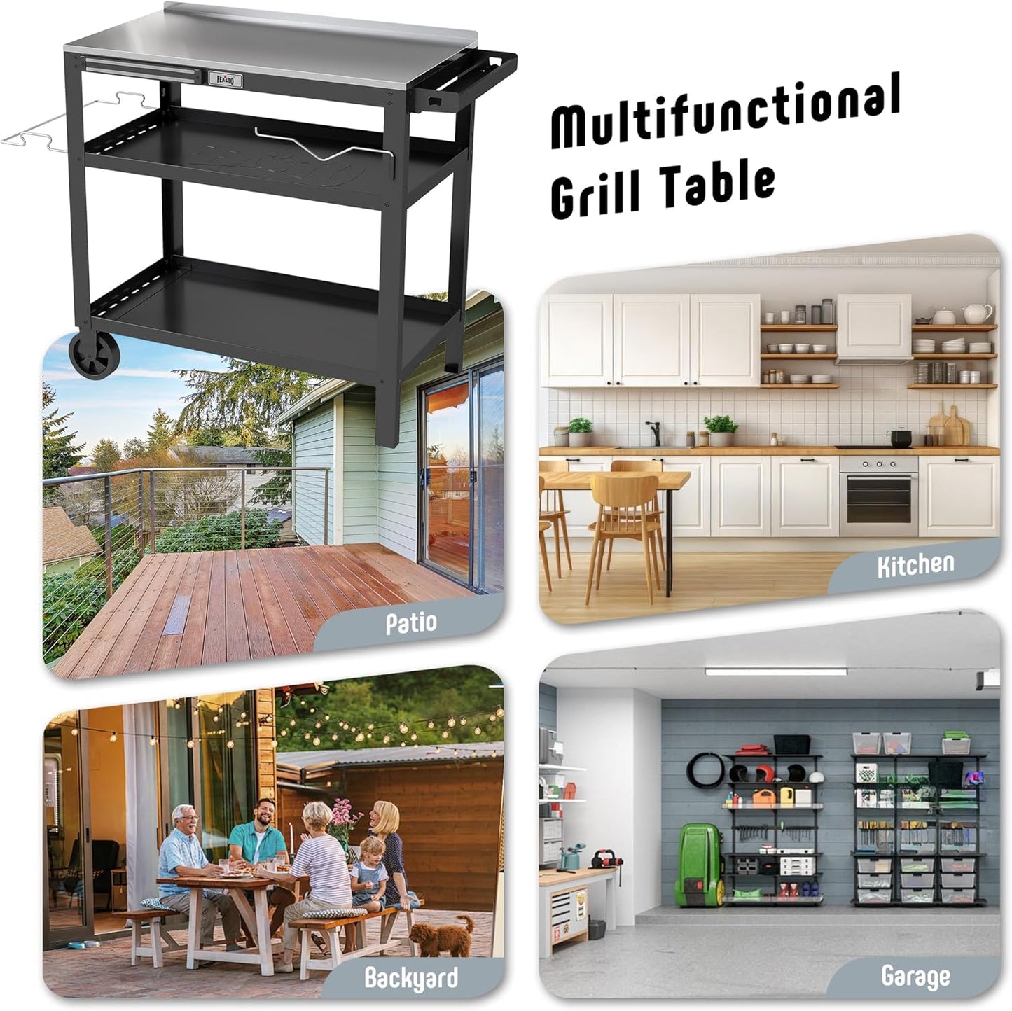 FEASTO 31.5"x18" Outdoor Grill Cart with Stainless Steel Tabletop, Movable Grill Table with Seasoning Rack & Magnetic Tools Holder, Backyard BBQ Kitchen Food Prep Table for Portable Grill & Pizza Oven