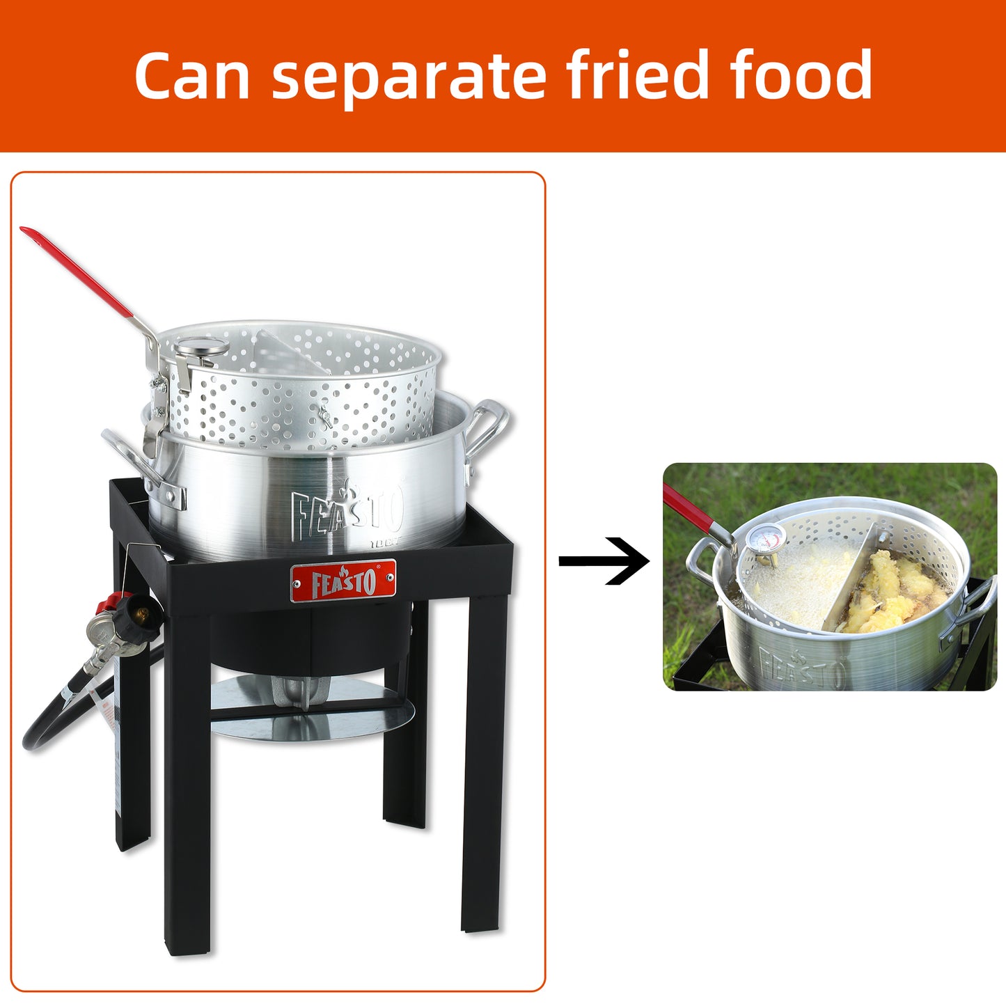 FEASTO 10 QT Fish Fryer Kit with 10 Qt Aluminum Pots Outdoor Propane Gas Cooker with Adjustable 0-10 PSI Regulator Non-Assembly Frame Stand