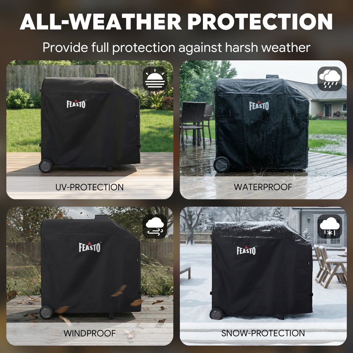 FEASTO 44-Inch Outdoor Grill Cover for Charcoal Grill with Side Table, Waterproof 600D Heavy Duty BBQ Grill Cover, with Handles & Hook and Loop Straps, Black