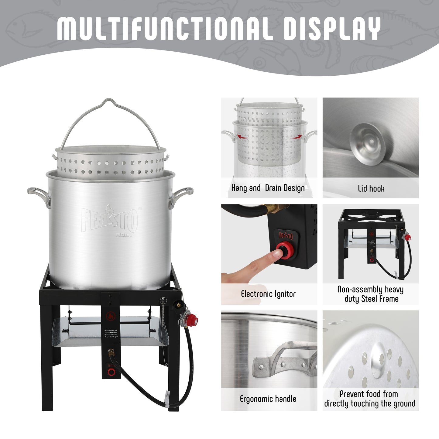 FEASTO 60QT Aluminum Boil Kit with Basket Perfect for Seafood Boiling and Steaming Outdoor Propane Gas Cooker with Adjustable 0-10 PSI Regulator Non-Assembly Frame Stand