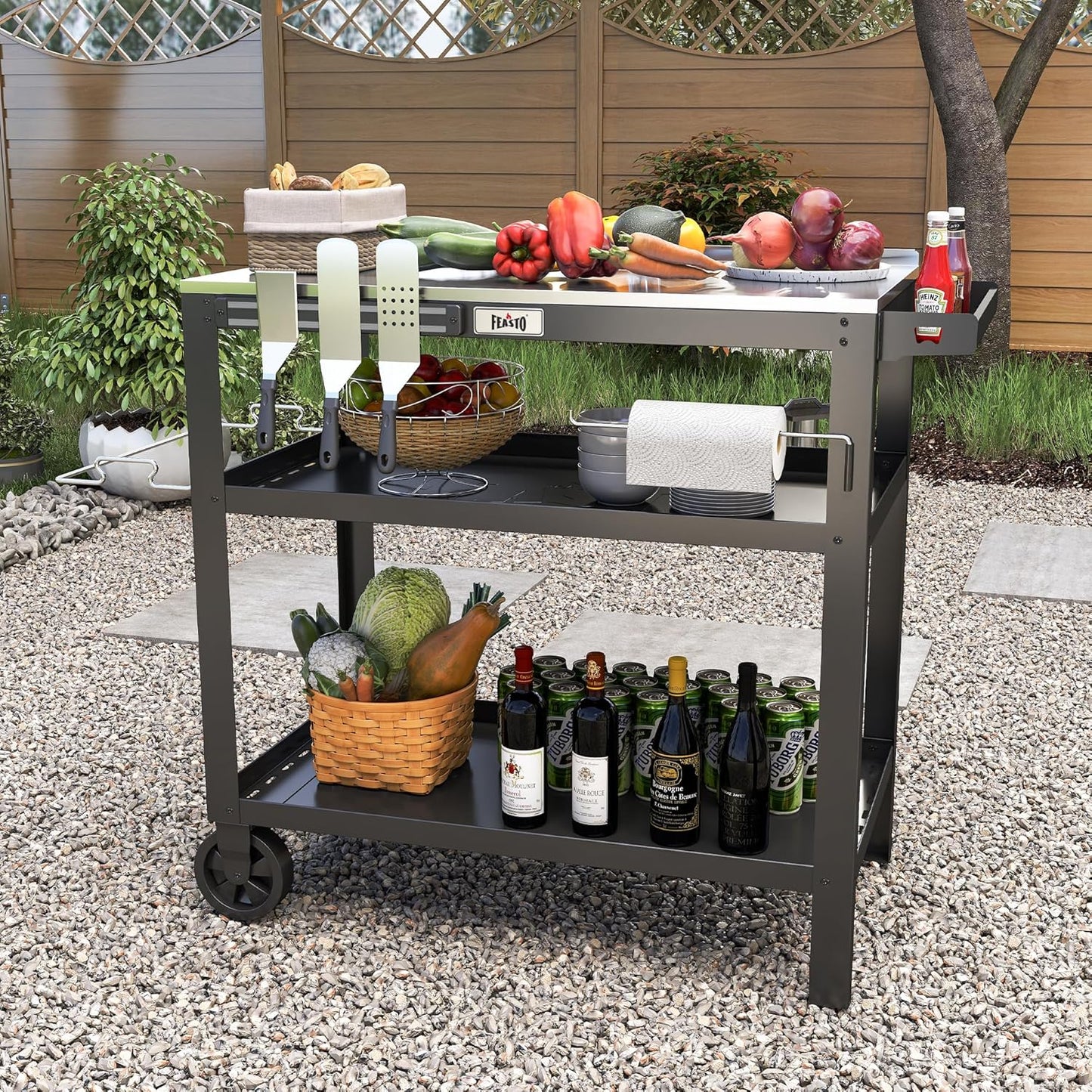 FEASTO 31.5"x18" Outdoor Grill Cart with Stainless Steel Tabletop, Movable Grill Table with Seasoning Rack & Magnetic Tools Holder, Backyard BBQ Kitchen Food Prep Table for Portable Grill & Pizza Oven
