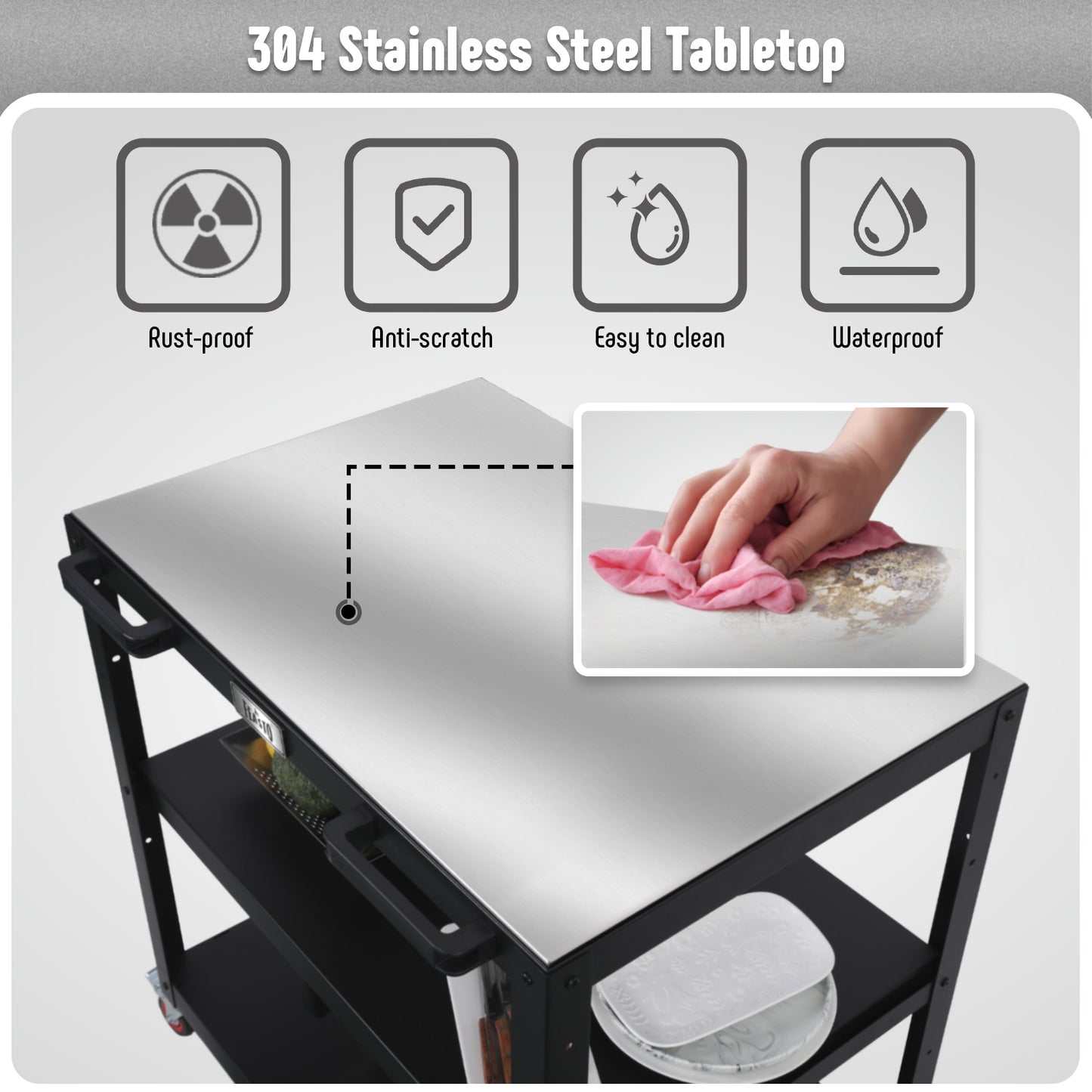Feasto 3-Shelf Outdoor Steel Table Cart 35.4” x 24” Stainless Steel Table Top Movable Commercial Food Prep Pizza Prep Worktable Outdoor Kitchen Island