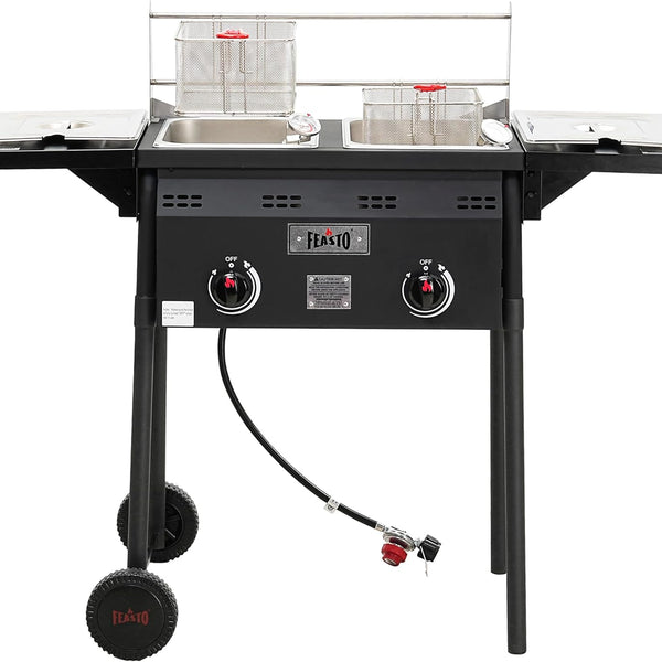 Outdoor Propane Deep Fryer,Dual Tank with Dual Independent Cast Iron Burners and Thermometers,Removable Fryer Pot,Baskets & Lids, Movable Propane Fryer Cart with Regulathor,50000 BTU