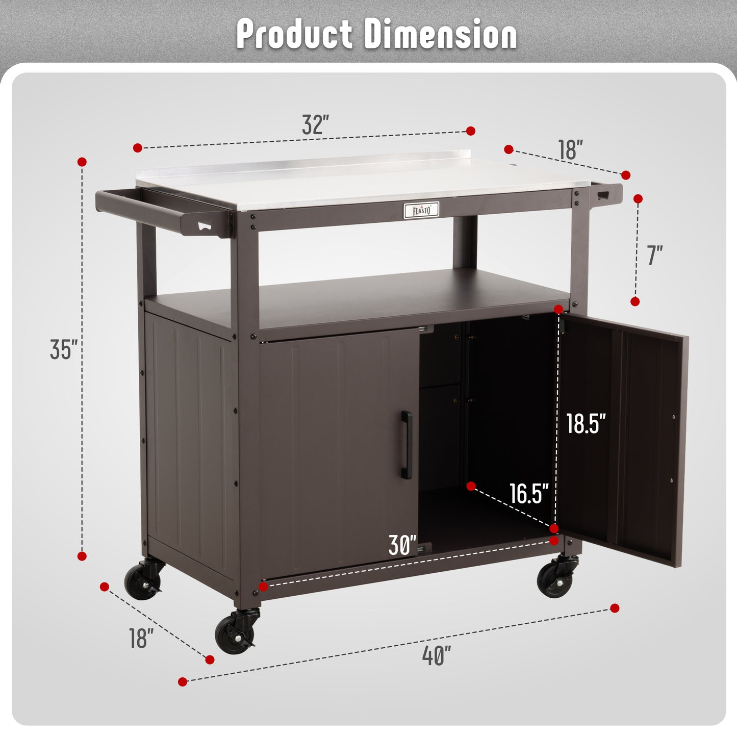 Outdoor Grill Cart with Stainless Steel Tabletop and Storage Cabinet, Movable Kitchen Island with Wheels for BBQ Food Prep