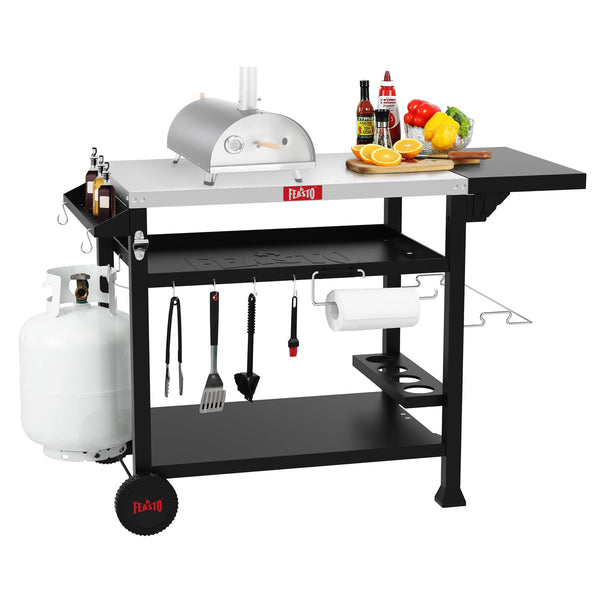 Three-Shelf Movable Food Prep Cart, Stainless Steel Tabletop with Foldable Extension Table