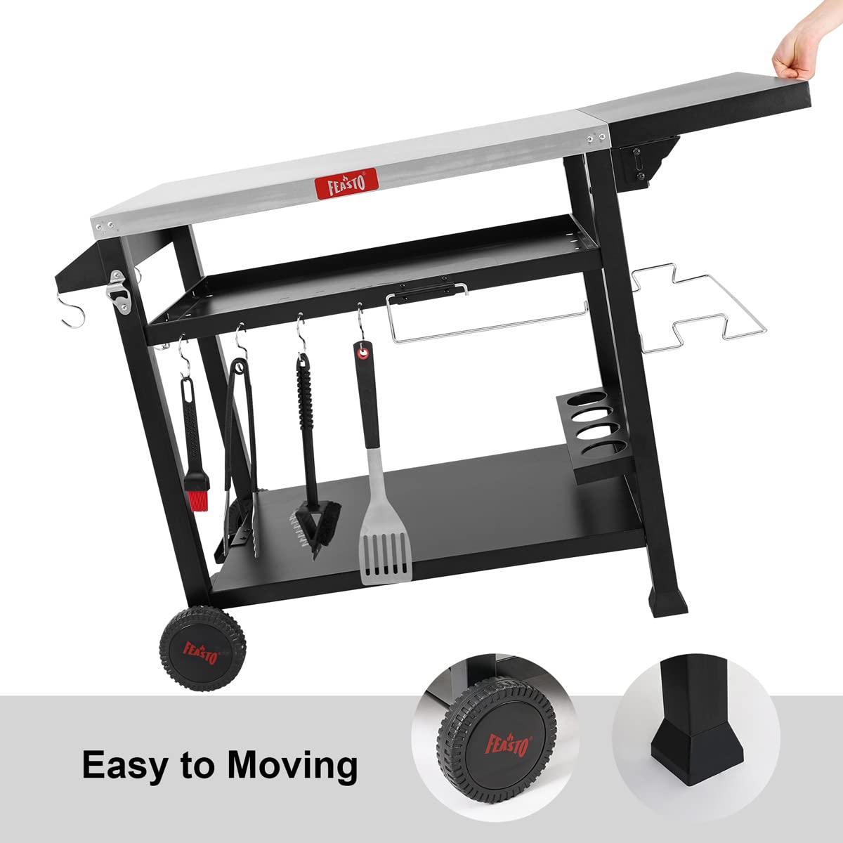 FEASTO Three-Shelf Movable Food Prep Cart Table Home and Outdoor Multifunctional Stainless Steel Table Top Worktable on Two Wheels L50’’x W21.7’’x H33’’