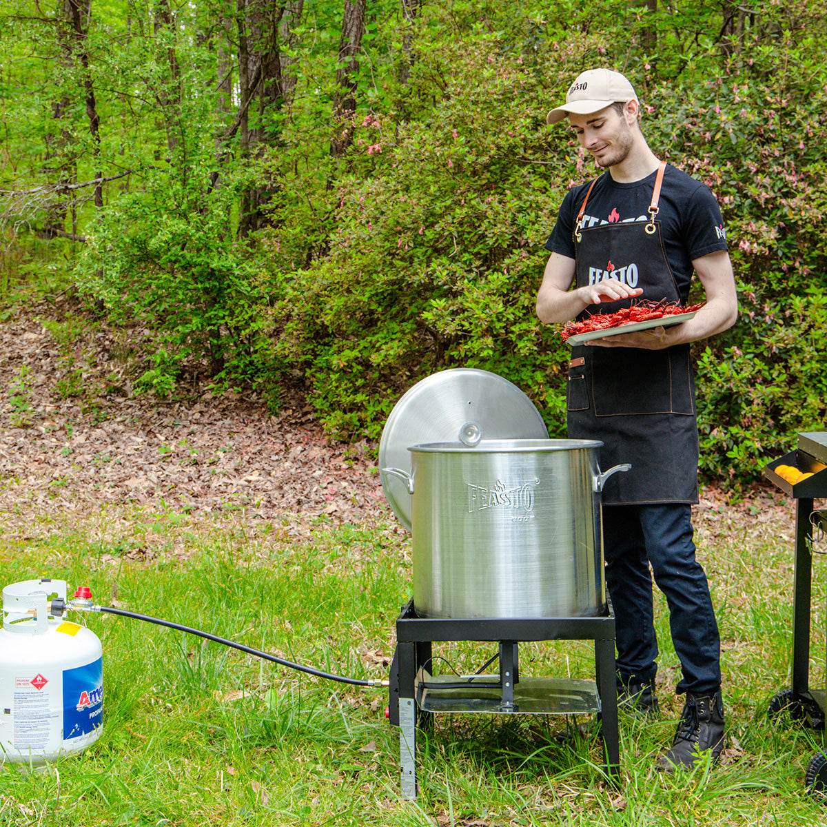 FEASTO 60QT Aluminum Boil Kit with Basket Perfect for Seafood Boiling and Steaming Outdoor Propane Gas Cooker with Adjustable 0-10 PSI Regulator Non-Assembly Frame Stand