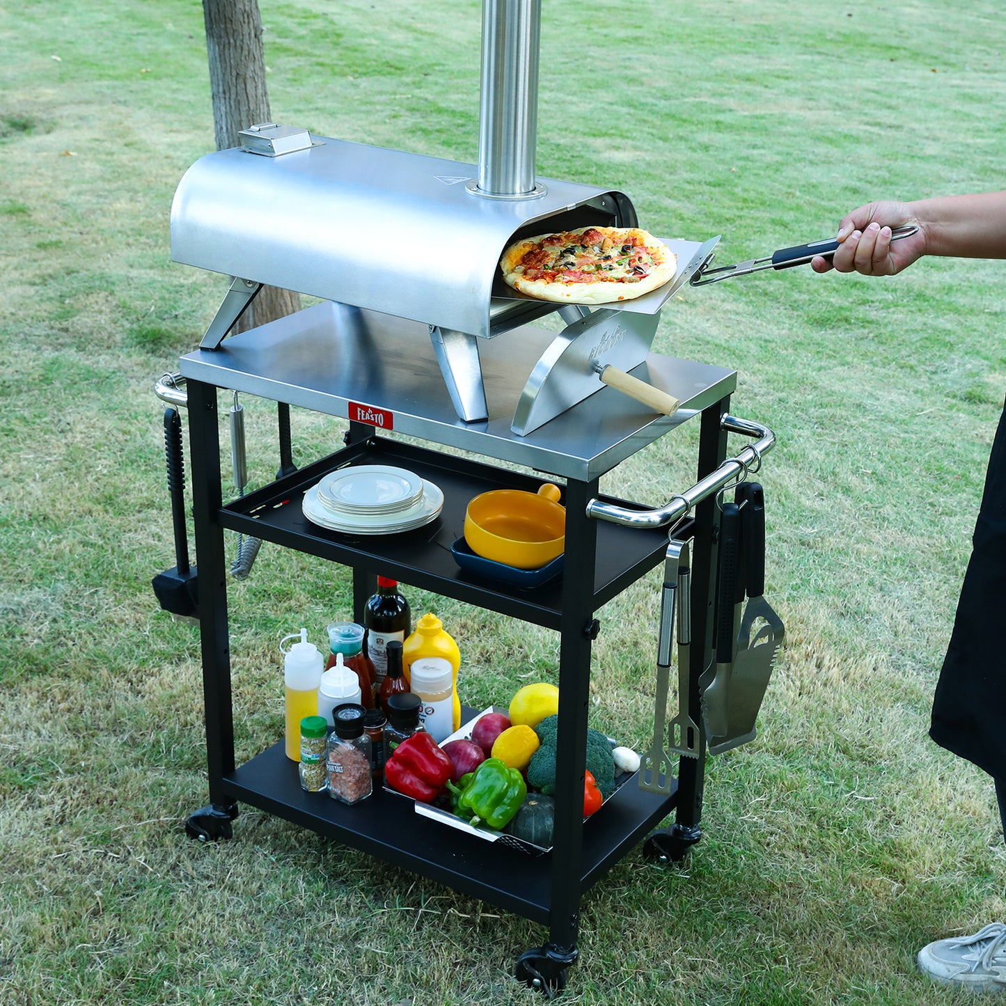 FEASTO Rolling 3-tier Adjustable Outdoor Pizza Oven Table and Food Prep Cart Table Home and Outdoor Multifunctional Stainless Steel Table Top Worktable on Four Wheels L34’’x W16.1’’x H33’’
