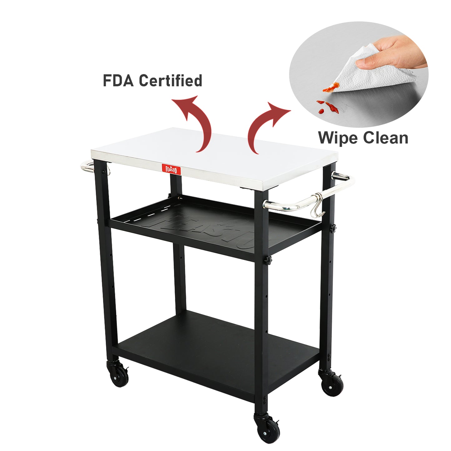 FEASTO Rolling 3-tier Adjustable Outdoor Pizza Oven Table and Food Prep Cart Table Home and Outdoor Multifunctional Stainless Steel Table Top Worktable on Four Wheels L34’’x W16.1’’x H33’’