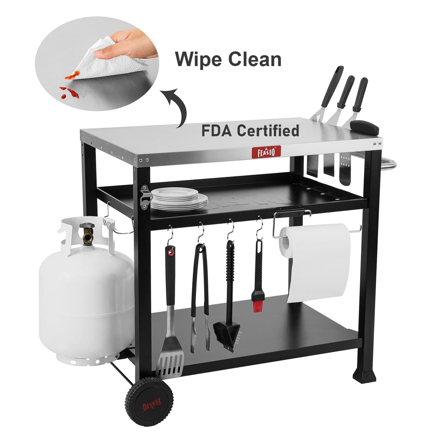 FEASTO Three-Shelf Movable Food Prep and Work Cart Table Home and Outdoor Multifunctional Stainless Steel Table Top Worktable on Two Wheels L39.5’’x W25.6’’x H33’’