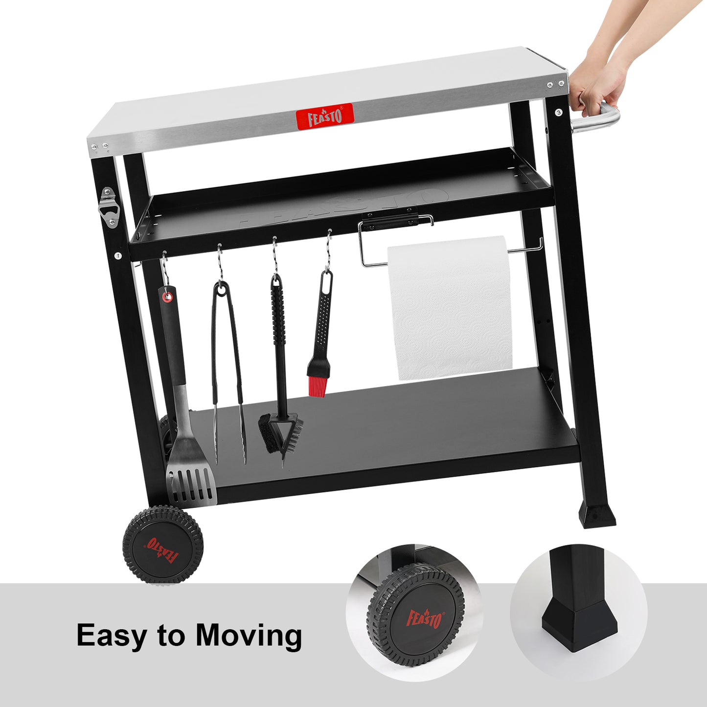 FEASTO Three-Shelf Movable Food Prep and Work Cart Table Home and Outdoor Multifunctional Stainless Steel Table Top Worktable on Two Wheels L39.5’’x W25.6’’x H33’’