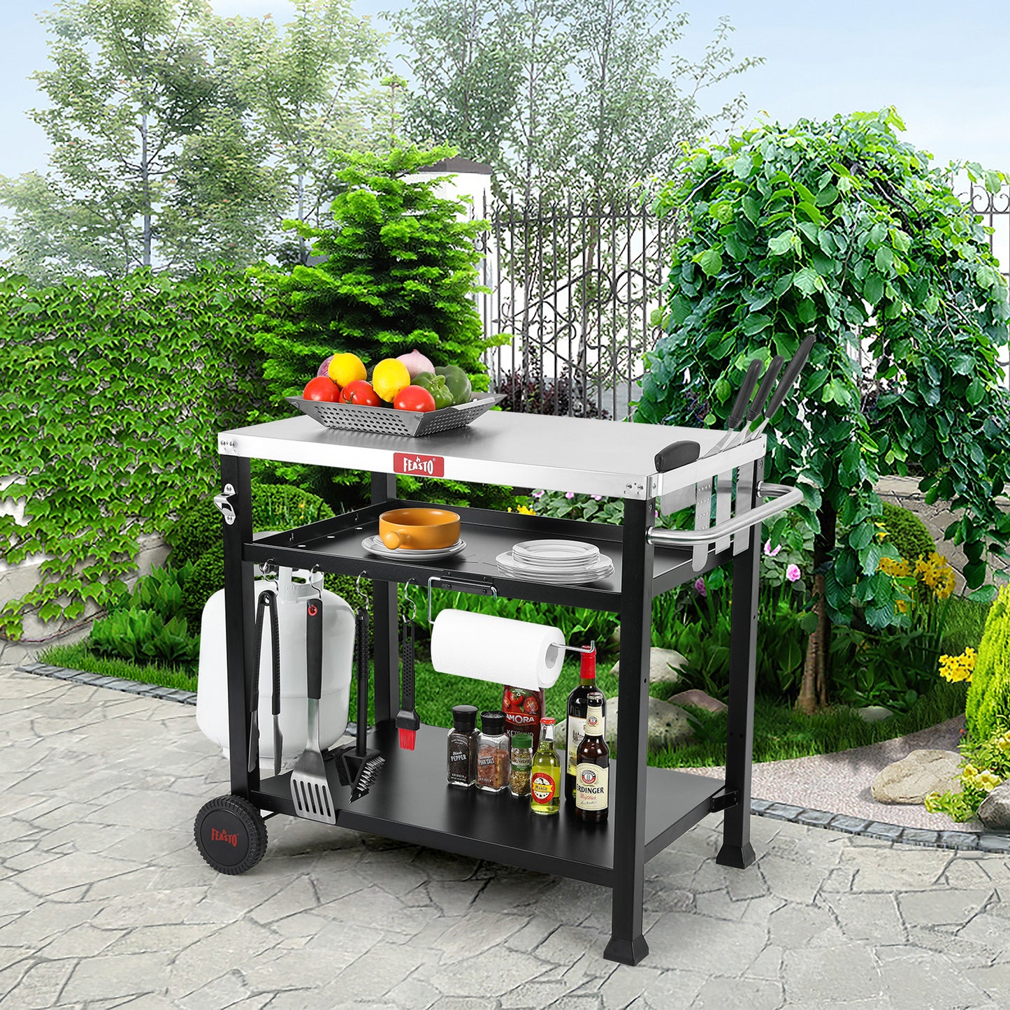 FEASTO Three-Shelf Movable Food Prep and Work Cart Table Home and Outdoor Multifunctional Stainless Steel Table Top Worktable on Two Wheels L39.5’’x W25.6’’x H33’’