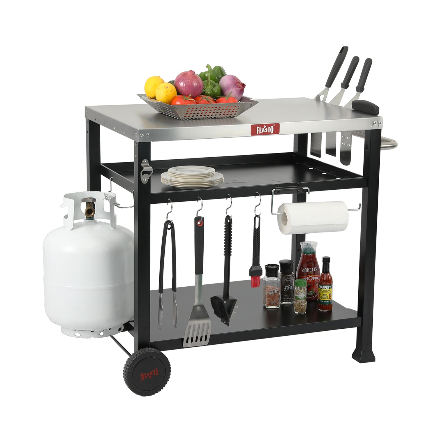 FEASTO Three-Shelf Movable Food Prep and Work Cart Table Home and Outdoor Multifunctional Stainless Steel Table Top Worktable on Two Wheels L39.5’’x W25.6’’x H33’’