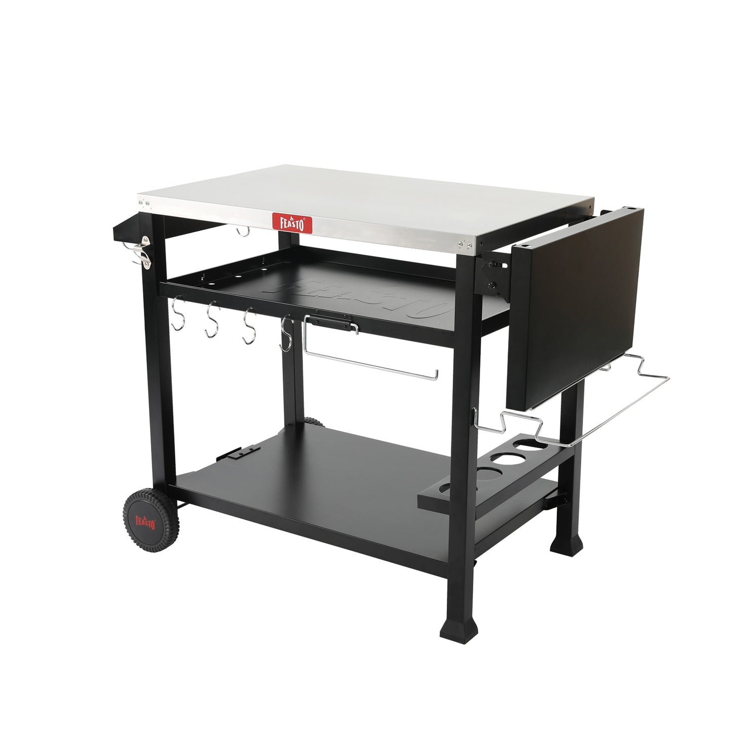 FEASTO Three-Shelf Movable Food Prep Cart Table Home and Outdoor Multifunctional Stainless Steel Table Top Worktable on Two Wheels L50’’x W21.7’’x H33’’
