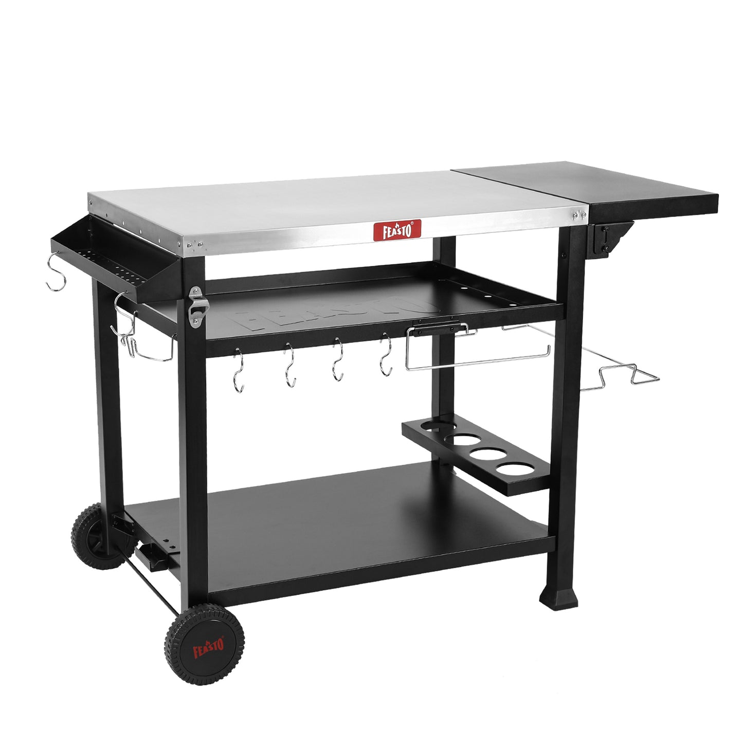 FEASTO Three-Shelf Movable Food Prep Cart Table Home and Outdoor Multifunctional Stainless Steel Table Top Worktable on Two Wheels L50’’x W21.7’’x H33’’
