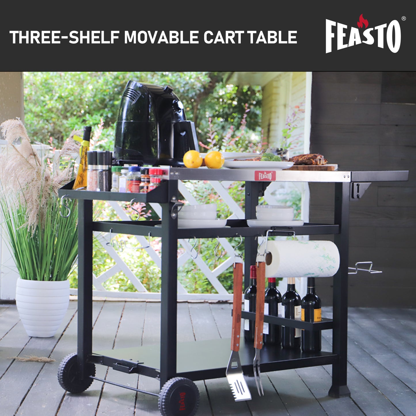 FEASTO Three-Shelf Movable Food Prep Cart Table Home and Outdoor Multifunctional Stainless Steel Table Top Worktable on Two Wheels L50’’x W21.7’’x H33’’