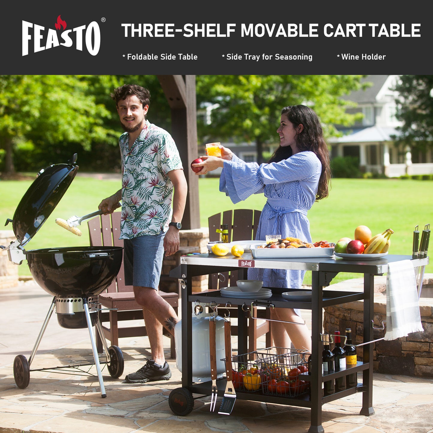 FEASTO Three-Shelf Movable Food Prep Cart Table Home and Outdoor Multifunctional Stainless Steel Table Top Worktable on Two Wheels L50’’x W21.7’’x H33’’