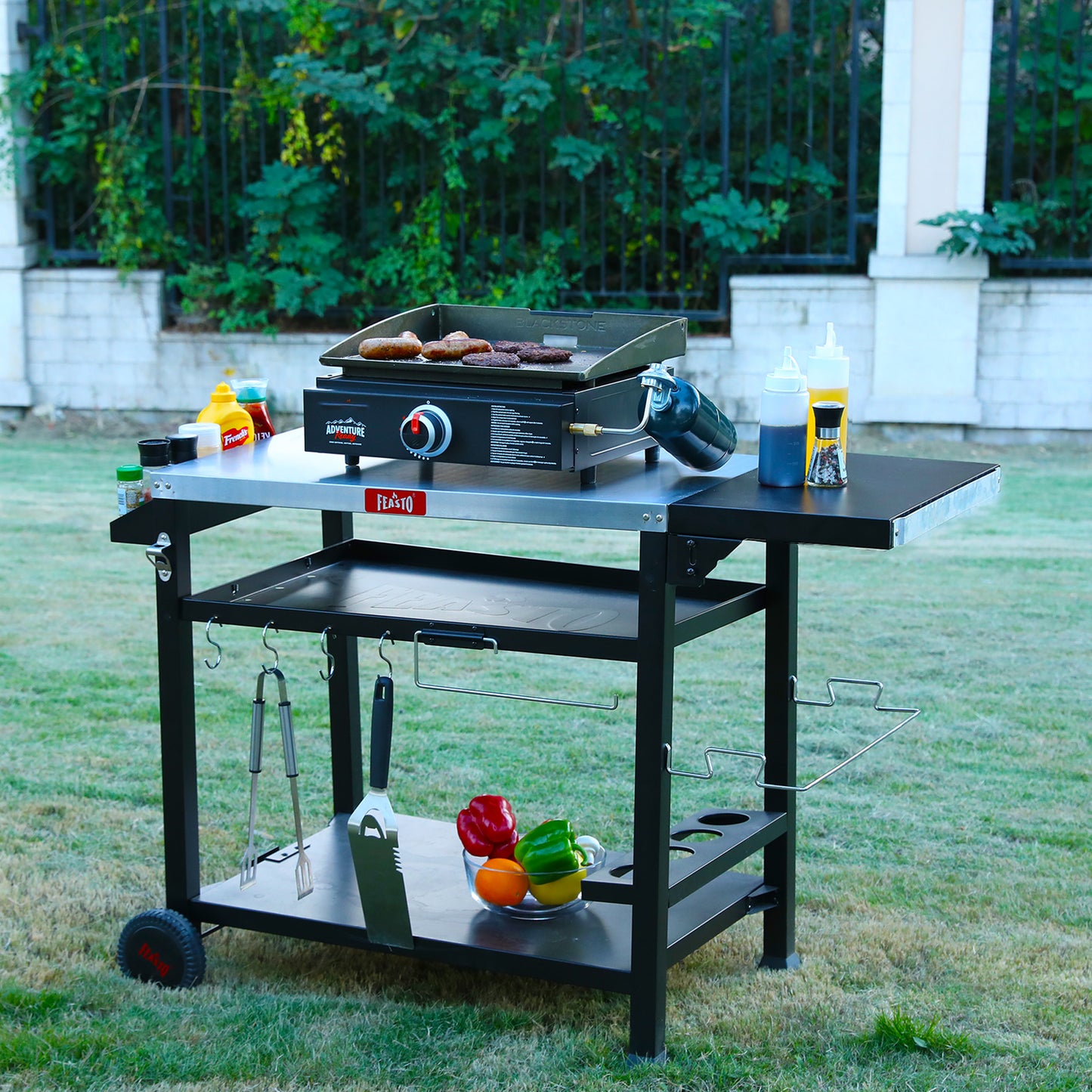 FEASTO Three-Shelf Movable Food Prep Cart Table Home and Outdoor Multifunctional Stainless Steel Table Top Worktable on Two Wheels L50’’x W21.7’’x H33’’
