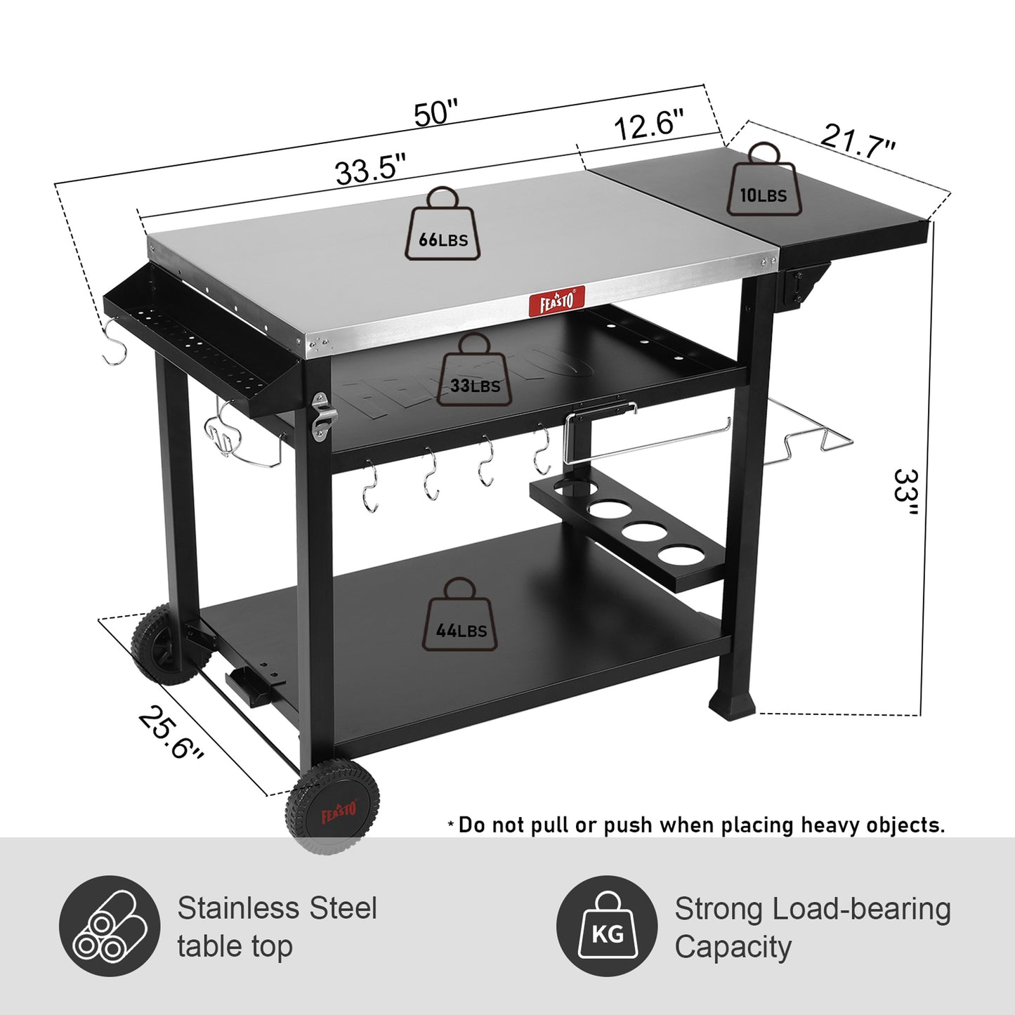 FEASTO Three-Shelf Movable Food Prep Cart Table Home and Outdoor Multifunctional Stainless Steel Table Top Worktable on Two Wheels L50’’x W21.7’’x H33’’