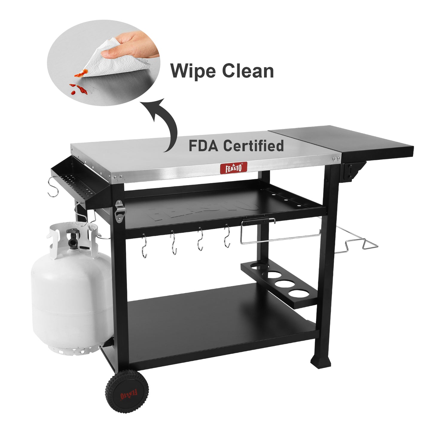 FEASTO Three-Shelf Movable Food Prep Cart Table Home and Outdoor Multifunctional Stainless Steel Table Top Worktable on Two Wheels L50’’x W21.7’’x H33’’