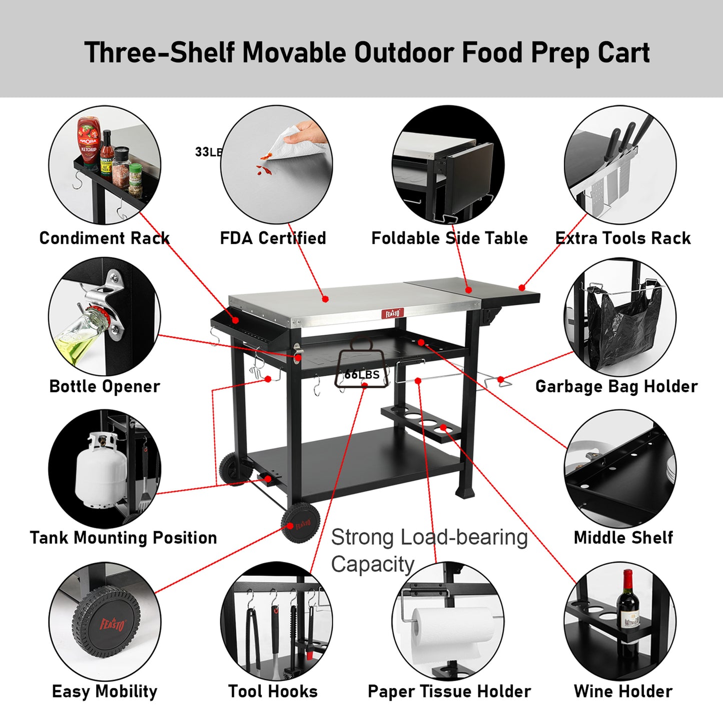 FEASTO Three-Shelf Movable Food Prep Cart Table Home and Outdoor Multifunctional Stainless Steel Table Top Worktable on Two Wheels L50’’x W21.7’’x H33’’